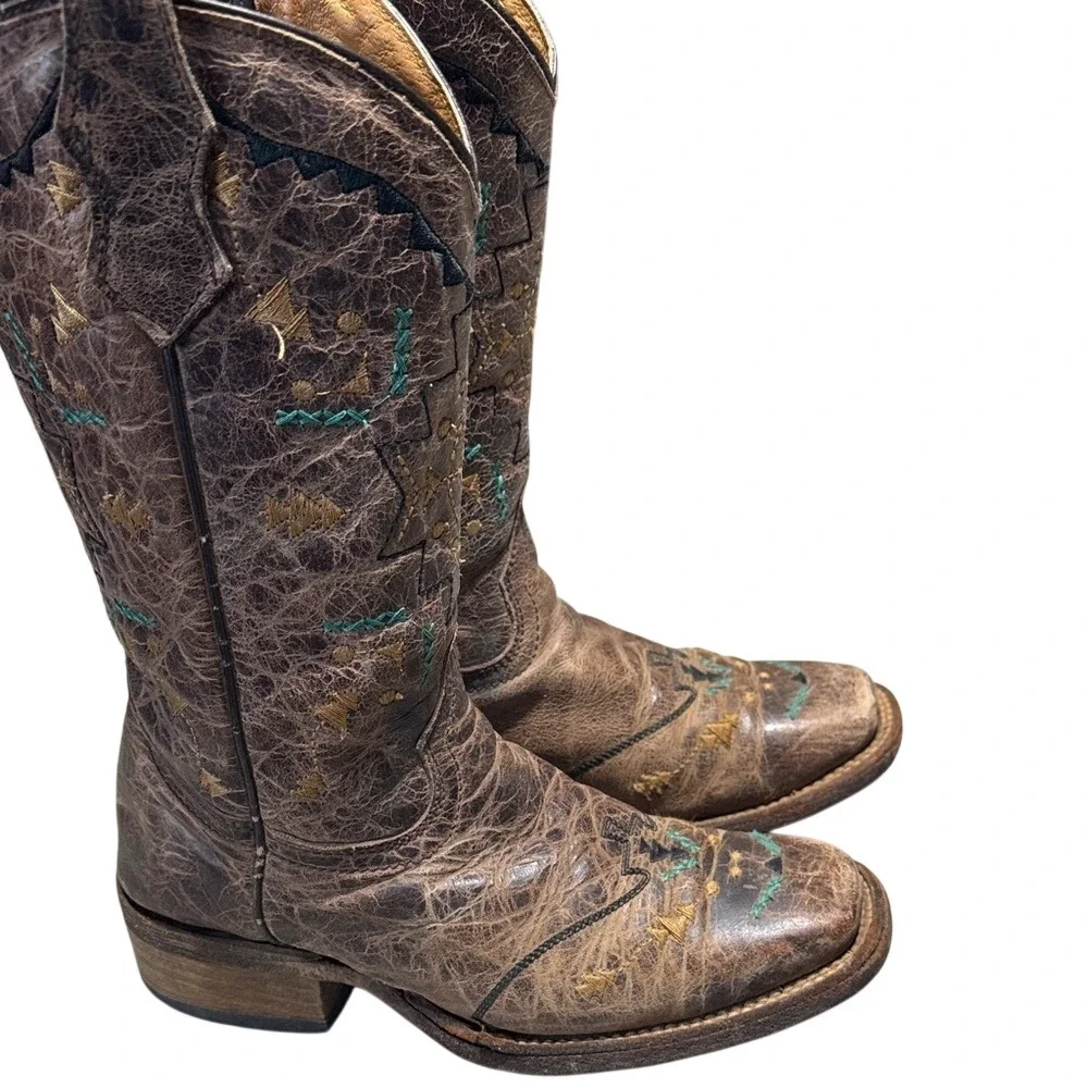 Corral‎ Kids 2.5 Brown Distressed Leather Southwestern Embroidered Cowboy Boots